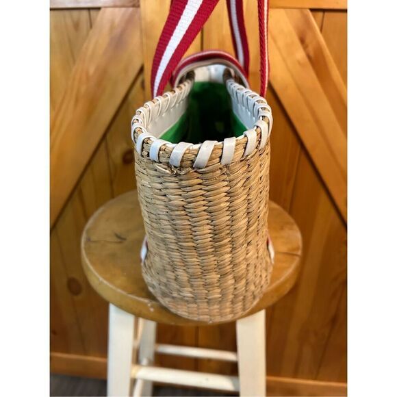 Donna Dixon Jennifer Rattan Basket Weave Red White Strap Tan Tote Handbag Purse - Picture 4 of 10